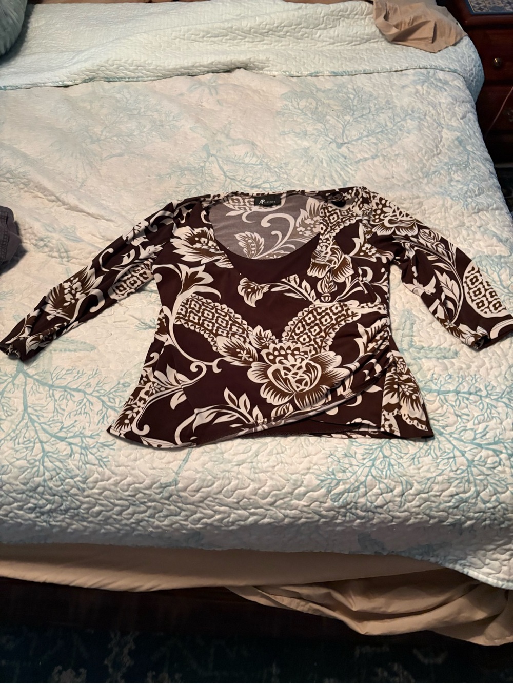 AB Studio Brown Ivory Floral Faux Wrap Top Size M 3/4 Sleeve